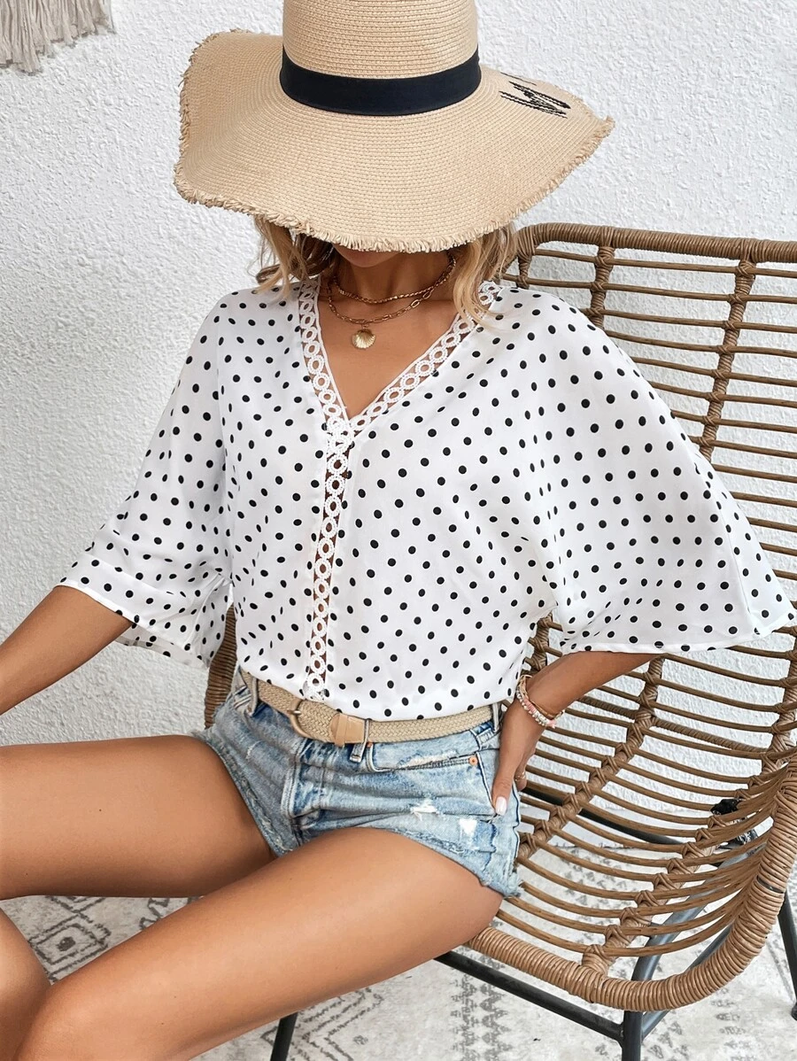 SHEIN VCAY Polka Dot Print Batwing Sleeve Guipure Lace Insert Blouse - White - View 1