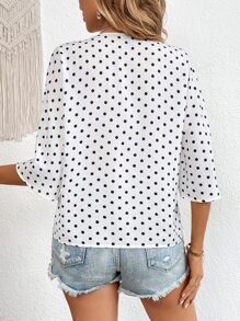 SHEIN VCAY Polka Dot Print Batwing Sleeve Guipure Lace Insert Blouse - White - View 2