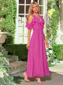 SHEIN Belle 1pc Asymmetrical Neck Ruffle Trim Bridesmaid Dress - Hot Pink - View 1