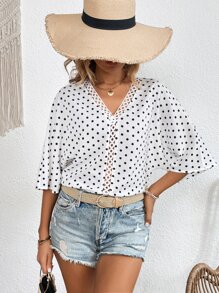 SHEIN VCAY Polka Dot Print Batwing Sleeve Guipure Lace Insert Blouse - White - View 3