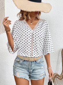 SHEIN VCAY Polka Dot Print Batwing Sleeve Guipure Lace Insert Blouse - White - View 4