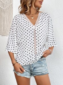 SHEIN VCAY Polka Dot Print Batwing Sleeve Guipure Lace Insert Blouse - White - View 5
