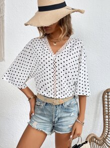 SHEIN VCAY Polka Dot Print Batwing Sleeve Guipure Lace Insert Blouse - White - View 6