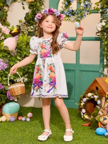 SHEIN 小女童印花泡泡袖連衣裙 - 彩色 - 查看 2