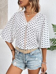 SHEIN VCAY Polka Dot Print Batwing Sleeve Guipure Lace Insert Blouse - White - View 7