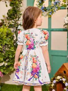 SHEIN 小女童印花泡泡袖連衣裙 - 彩色 - 查看 3