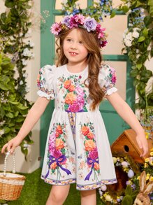 SHEIN 小女童印花泡泡袖連衣裙 - 彩色 - 查看 4