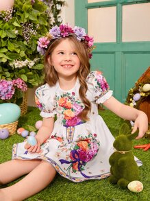 SHEIN 小女童印花泡泡袖連衣裙 - 彩色 - 查看 5