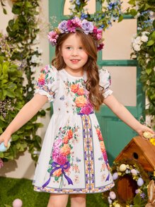 SHEIN 小女童印花泡泡袖連衣裙 - 彩色 - 查看 6