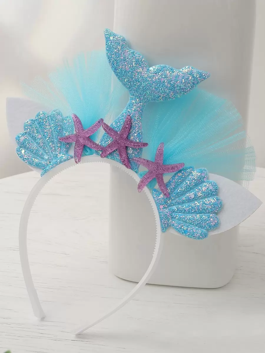 1pc Fish Tail Decor Party Props-Headband, Cartoon Plastic Shell & Starfish Decor Hair Hoop For Party - Blue - View 1