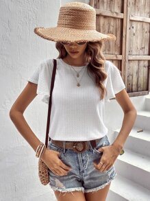 SHEIN VCAY Solid Butterfly Sleeve Waffle Knit Tee - White - View 6