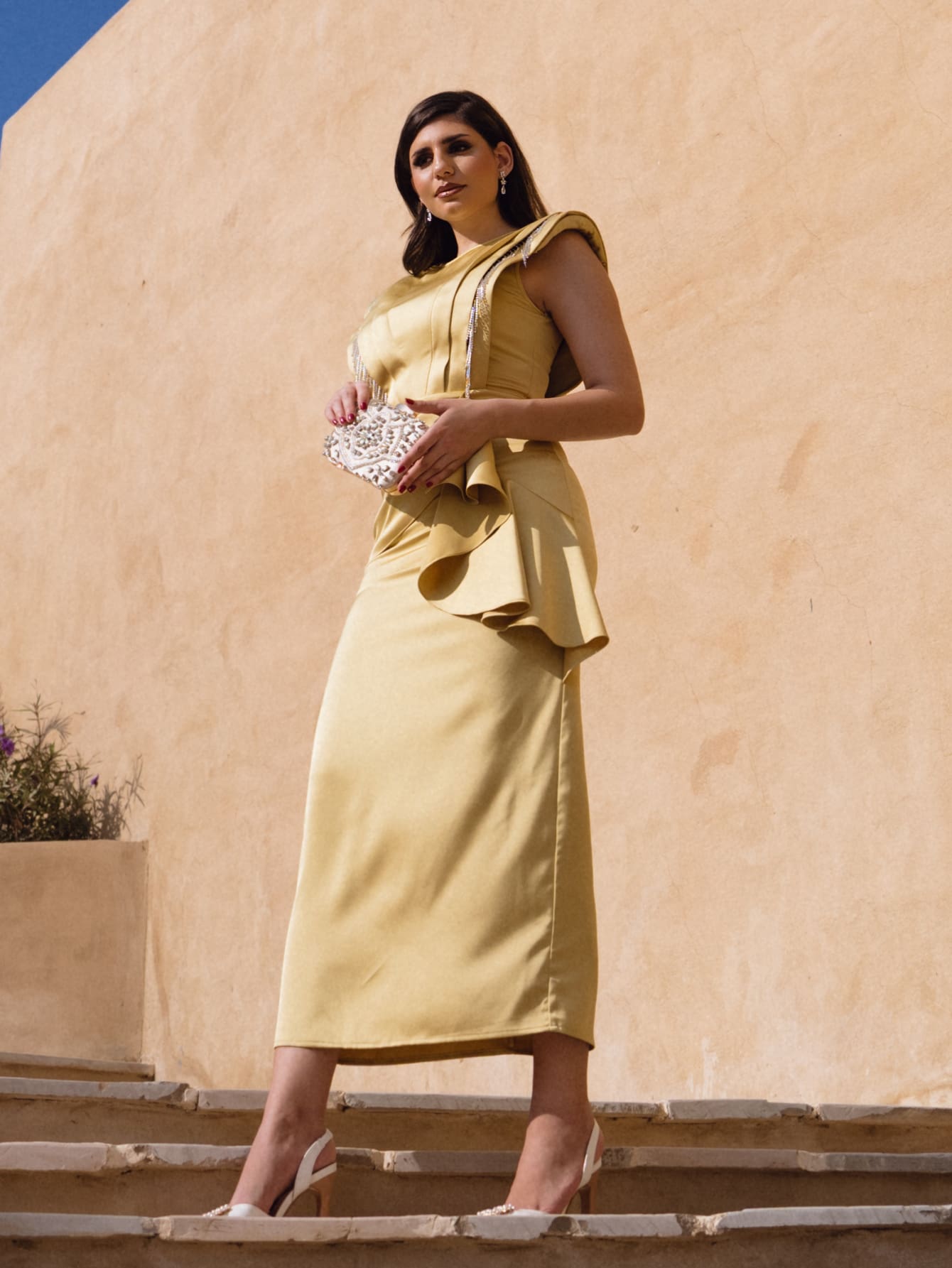 Modelyn Ruffle Trim Draped Front Contrast Sequin Dress - Yellow - View 1