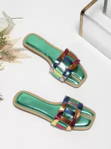 Women Color Block Flat Sandals, Funky Summer Slide Sandals - Multicolor - View 4