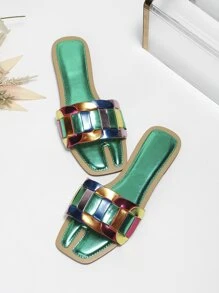 Women Color Block Flat Sandals, Funky Summer Slide Sandals - Multicolor - View 5