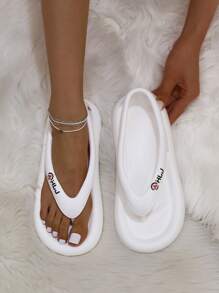 Women Letter Graphic Toe Post Flat Sandals, EVA Fashionable Thong Sandals White - White - View 1