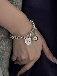 字母細節圓形吊飾手環 - 銀色 - 查看 1