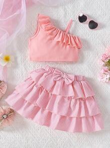 Toddler Girls Ruffle Trim Asymmetrical Neck Top & Bow Front Skirt - Baby Pink - View 1