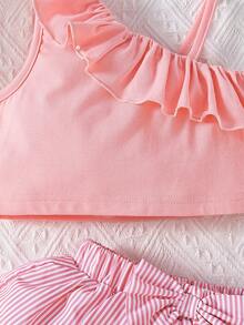 Toddler Girls Ruffle Trim Asymmetrical Neck Top & Bow Front Skirt - Baby Pink - View 3