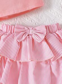 Toddler Girls Ruffle Trim Asymmetrical Neck Top & Bow Front Skirt - Baby Pink - View 4