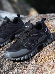 Men Letter Detail Chunky Sneakers, Lace-up Front Sneakers Black