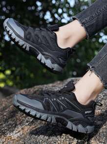 Men Letter Detail Chunky Sneakers, Lace-up Front Sneakers Black
