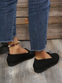 時尚女士羅紋圓頭平底鞋,優雅黑色素色滌綸樂福鞋平底鞋 - 黑色 - 查看 2