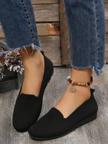 時尚女士羅紋圓頭平底鞋,優雅黑色素色滌綸樂福鞋平底鞋 - 黑色 - 查看 6