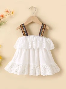 Toddler Girls Contrast Tape Ruffle Trim Schiffy Wide Strap Top - White - View 1