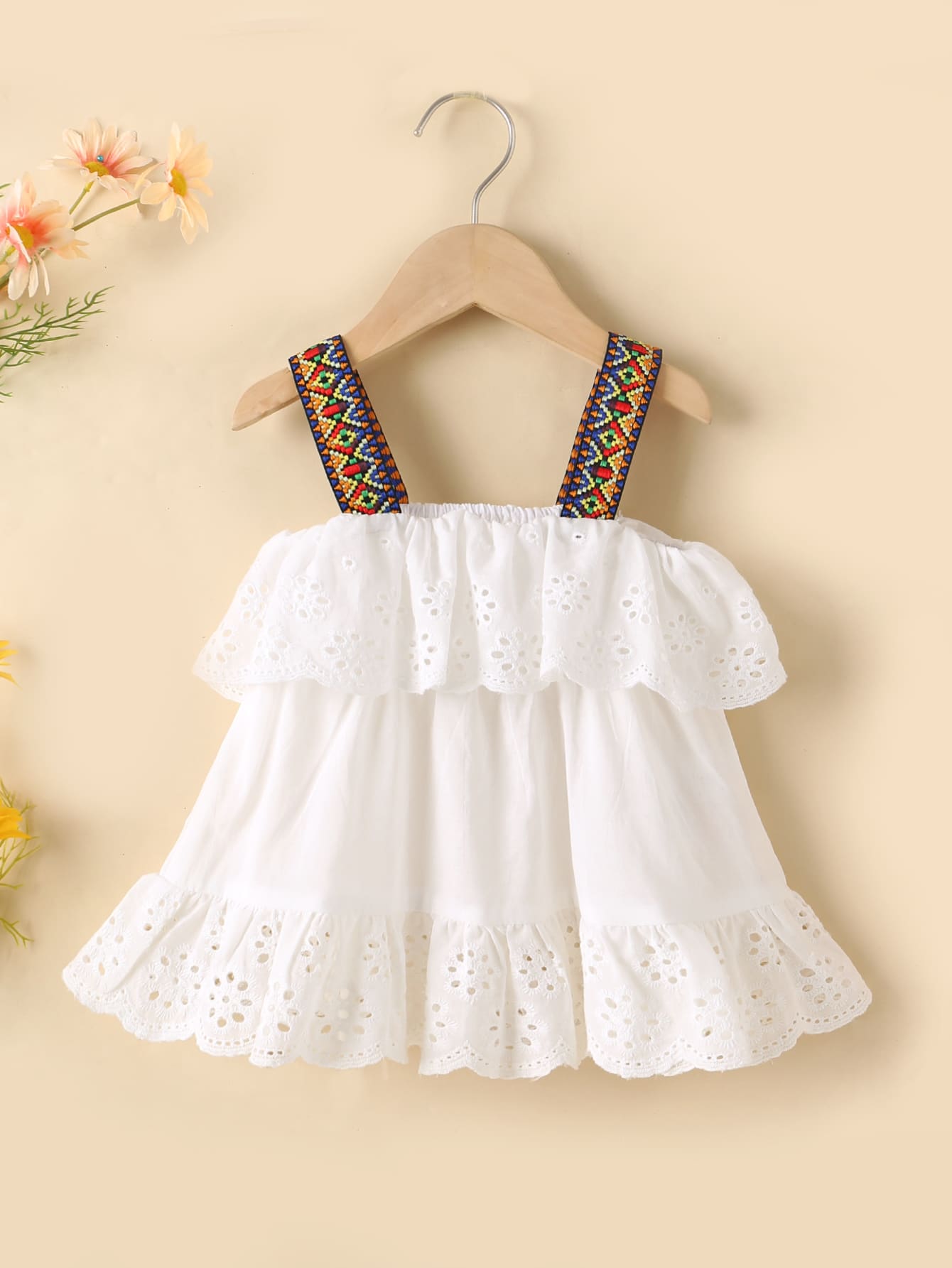 Toddler Girls Contrast Tape Ruffle Trim Schiffy Wide Strap Top - White - View 1