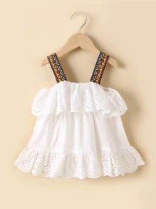 Toddler Girls Contrast Tape Ruffle Trim Schiffy Wide Strap Top - White - View 2