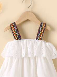 Toddler Girls Contrast Tape Ruffle Trim Schiffy Wide Strap Top - White - View 3