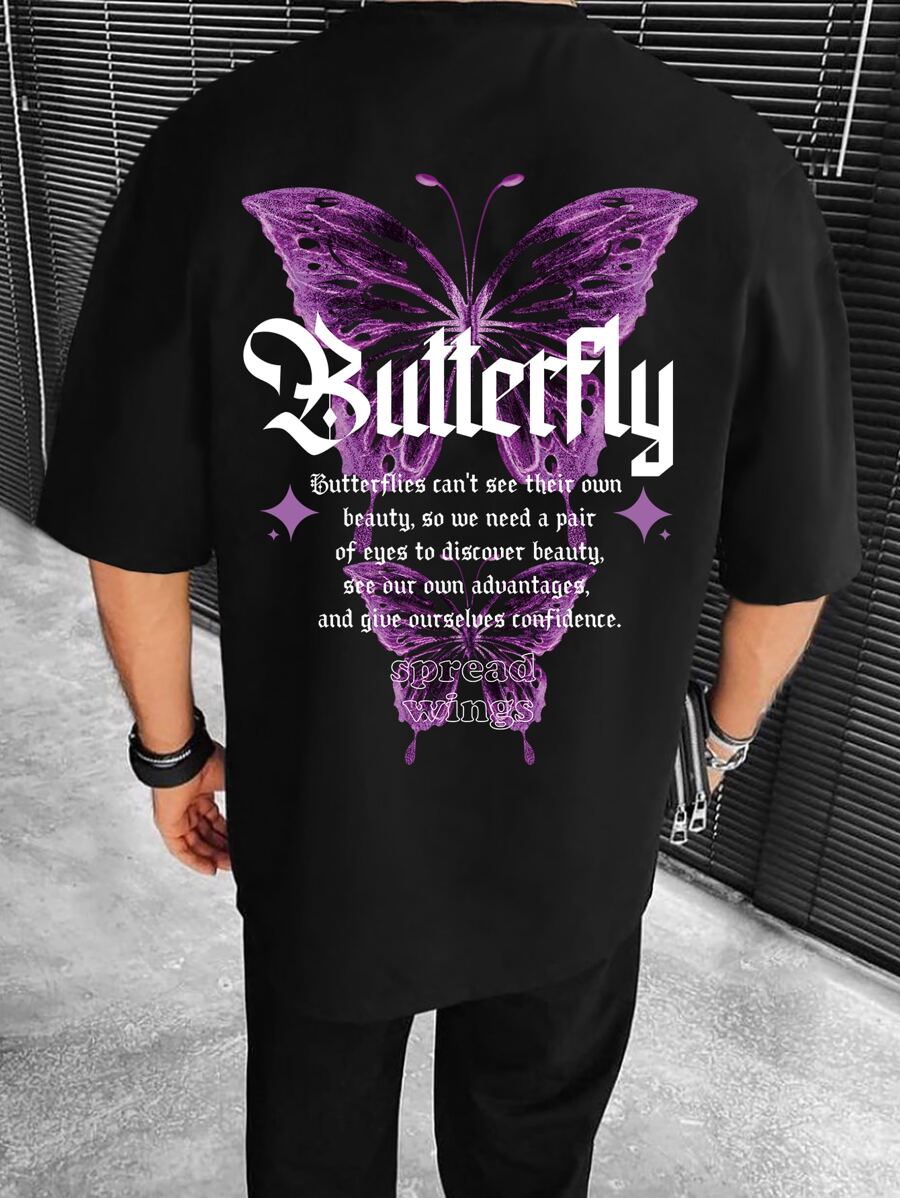 Manfinity LEGND Men T-Shirts Fit Crew Neck Short Sleeve Graphic Tee Butterfly Street - Black - View 1