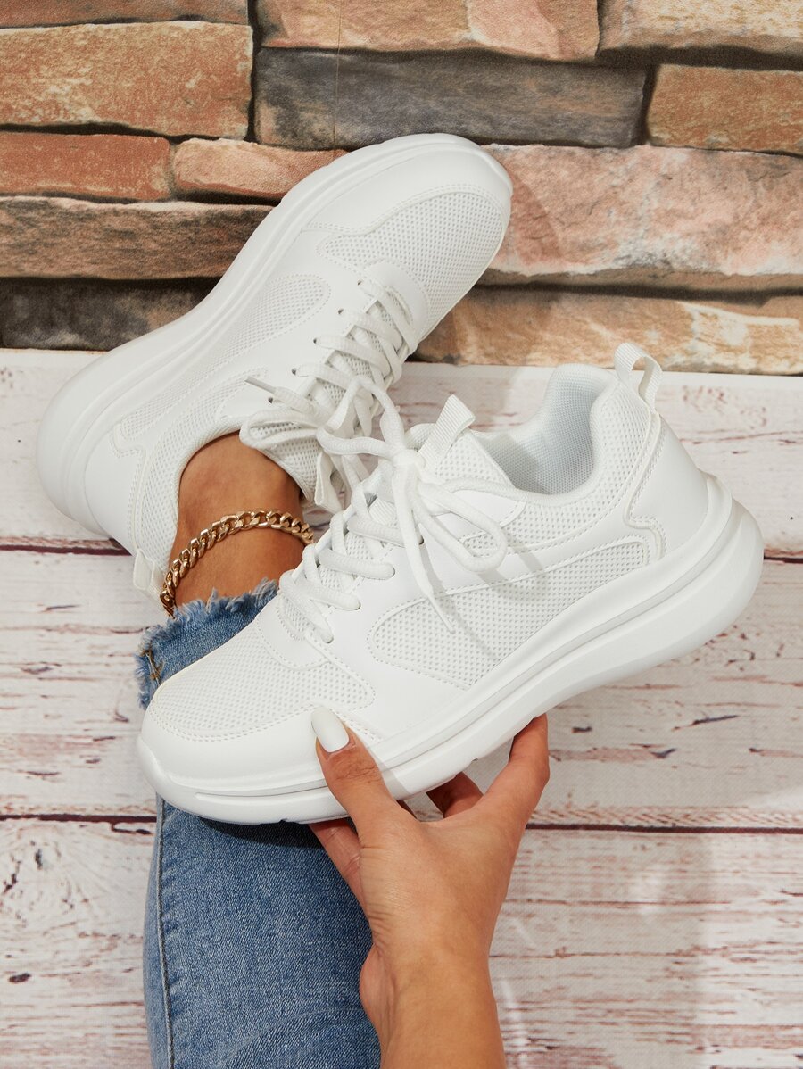Women Running Shoes, Lace-up Front Sneakers - White - View 1