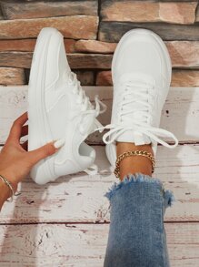 Women Running Shoes, Lace-up Front Sneakers - White - View 3