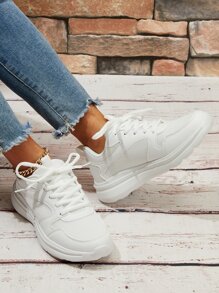 Women Running Shoes, Lace-up Front Sneakers - White - View 4