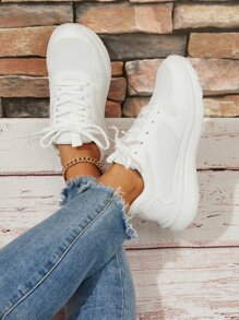 Women Running Shoes, Lace-up Front Sneakers - White - View 5