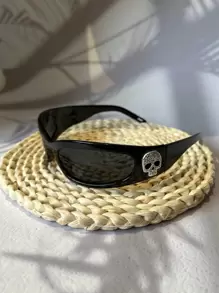 CASHEW FLOWER SKULL 1 件男女通用原创嘻哈复古小骷髅头西海岸风格老派暗黑哥特朋克佩斯利花西部牛仔硬核小方形酷黑色装饰眼镜（含眼镜带和眼镜盒）适合夏季海滩度假、户外、旅行 - 黑色 - 查看 2