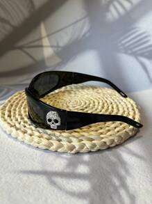 CASHEW FLOWER SKULL 1 件男女通用原创嘻哈复古小骷髅头西海岸风格老派暗黑哥特朋克佩斯利花西部牛仔硬核小方形酷黑色装饰眼镜（含眼镜带和眼镜盒）适合夏季海滩度假、户外、旅行 - 黑色 - 查看 8