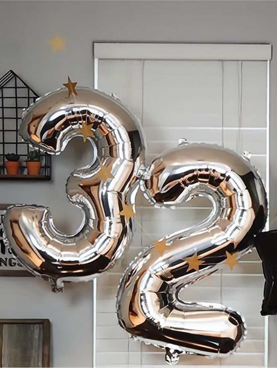 1pc 32-Inch Number Shaped Aluminum Balloon For Birthday Party Decoration, - Silver - View 1
