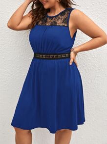 SHEIN LUNE 大碼蕾絲拼接A字連衣裙 - 寶藍色 - 查看 3