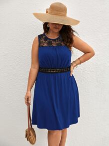 SHEIN LUNE 大碼蕾絲拼接A字連衣裙 - 寶藍色 - 查看 4