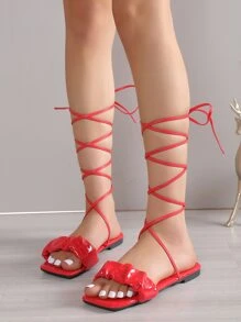 Fashion Party Red Lace-Up Flat Sandals For Women, Faux Leather Crocodile Pattern Open Toe Lace-Up Sandals, Valentine's Day Gift - Red - View 4