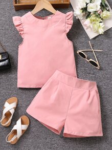 女孩荷葉邊上衣和褶皺面料短褲 - 粉色 - 查看 1