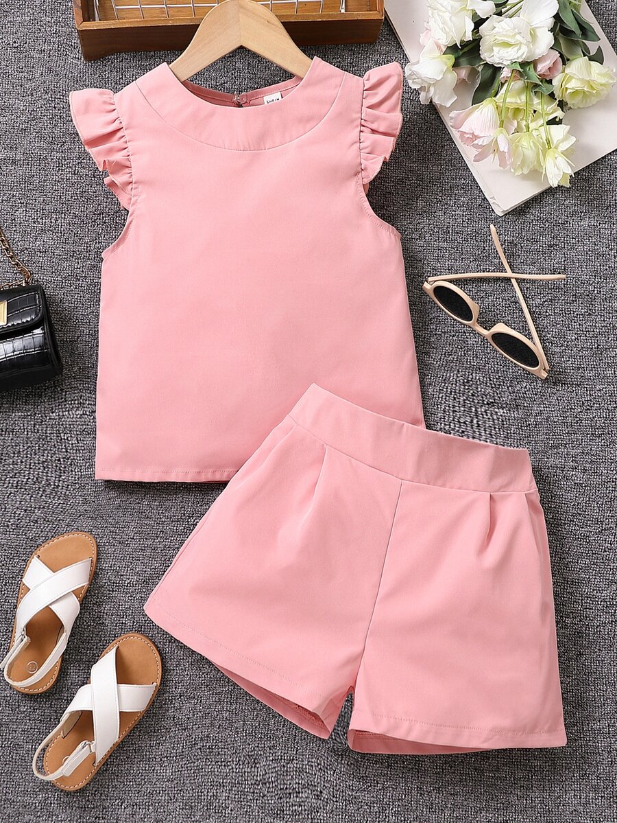 女孩荷葉邊上衣和褶皺面料短褲 - 粉色 - 查看 1