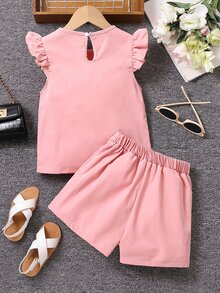 女孩荷葉邊上衣和褶皺面料短褲 - 粉色 - 查看 2