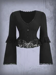ROMWE Goth Contrast Lace Flounce Sleeve Peplum Blouse - Black - View 1