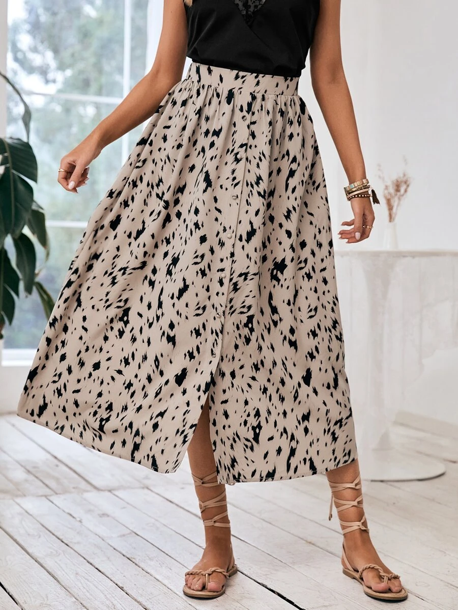SHEIN Frenchy Falda con estampado con botón delantero - Albaricoque - Ver 1