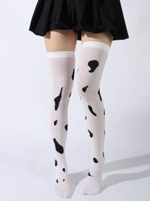 Calcetines sobre rodilla con patrón de vaca - Blanco y Negro - Ver 1