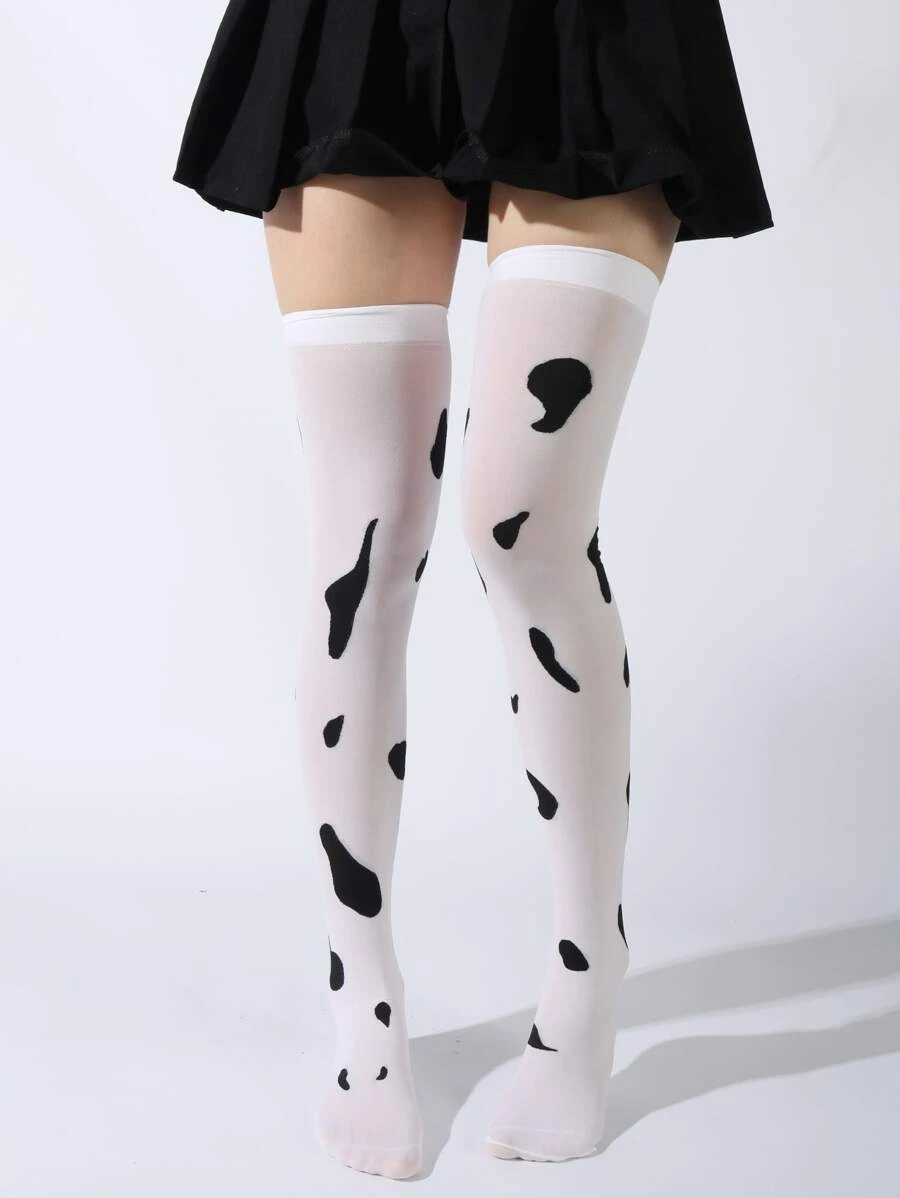 Calcetines sobre rodilla con patrón de vaca - Blanco y Negro - Ver 1