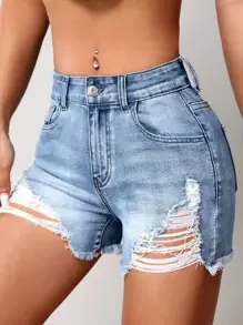 Ripped Raw Hem Denim Shorts - Light Wash - View 5